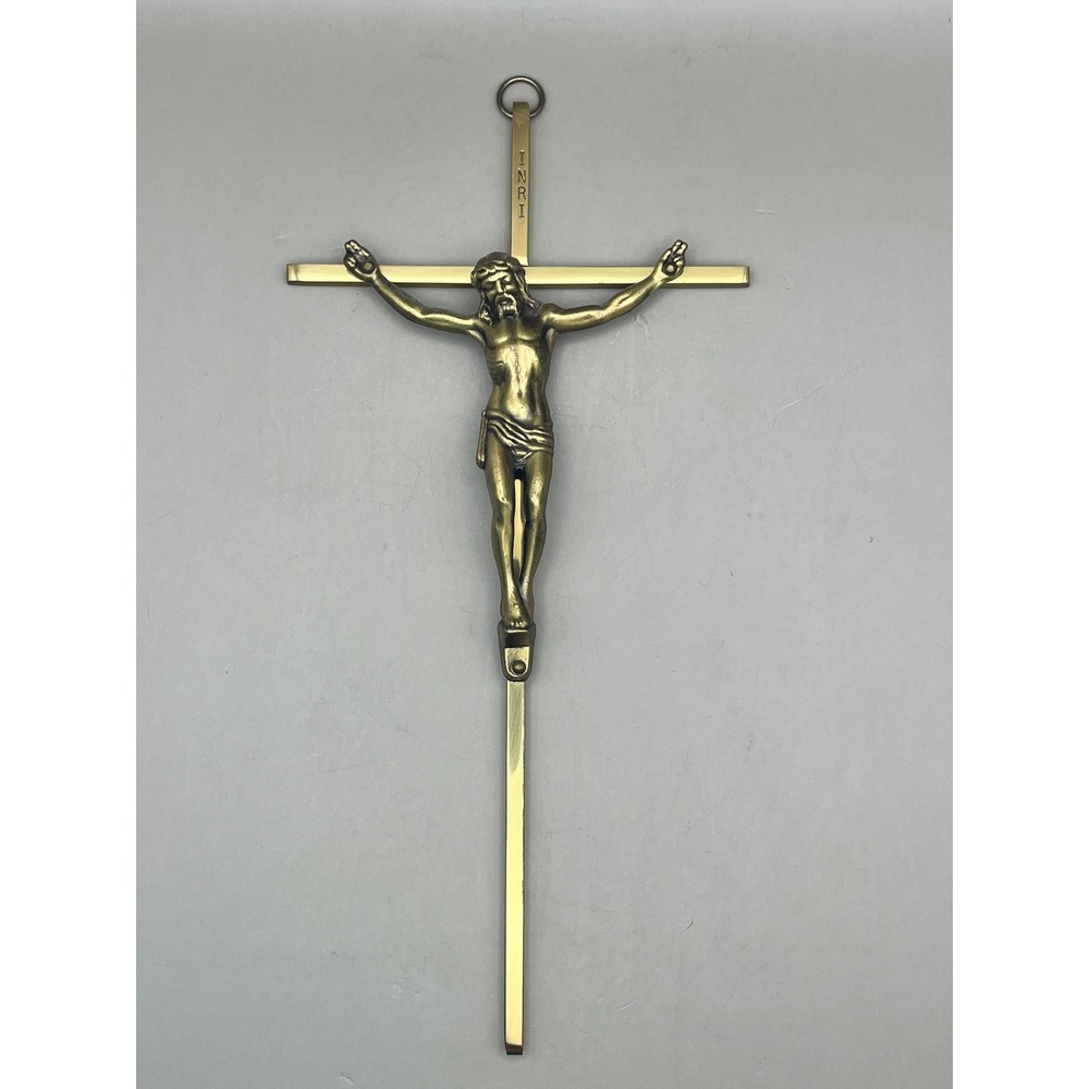 Vtg Brass Wall Crucifix INRI Jesus Christ Hanging Cross 10" x 5" Religious Decor